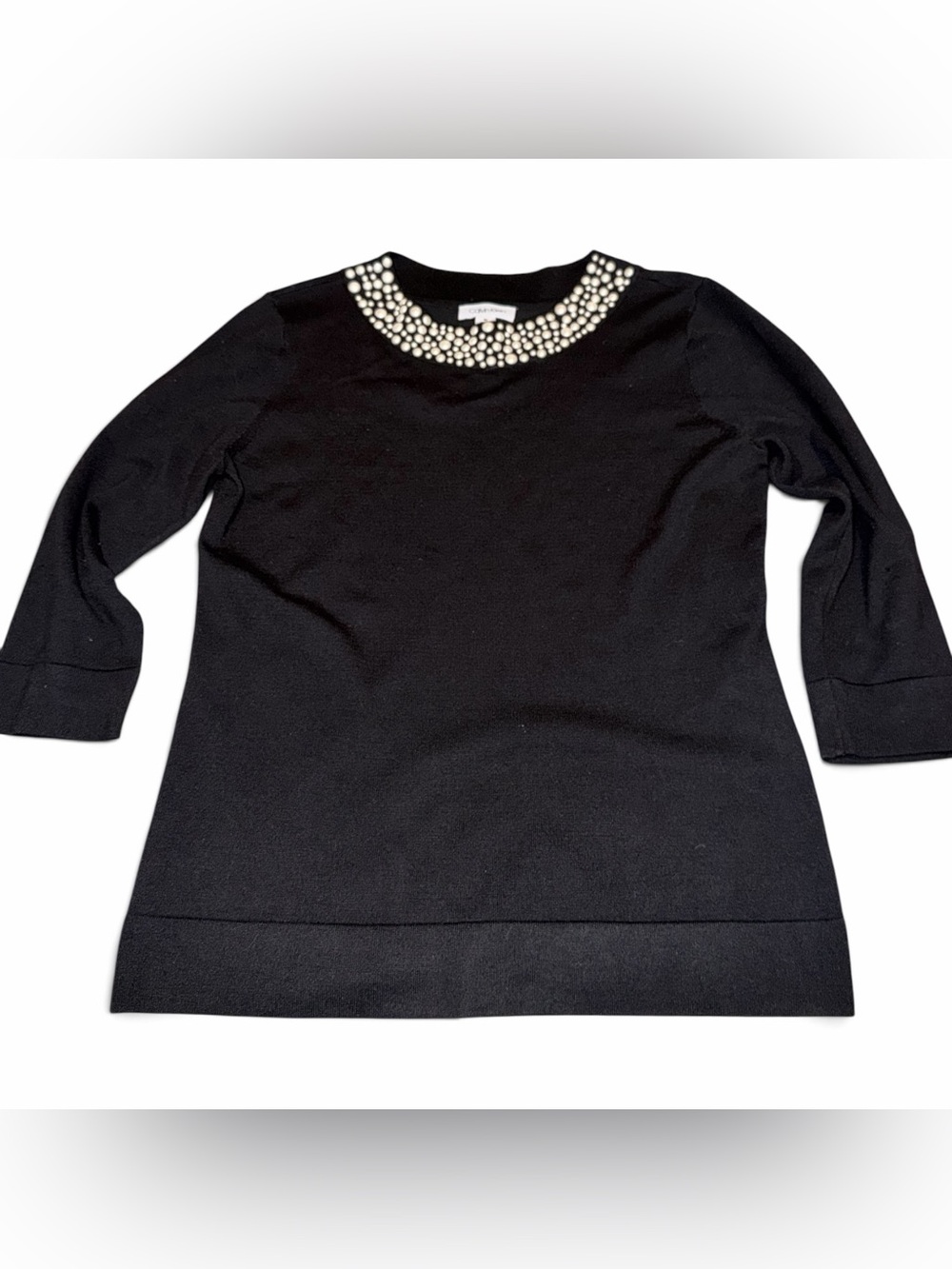 Calvin Klein Black Long Sleeve Sweater Dress with Jeweled Collar